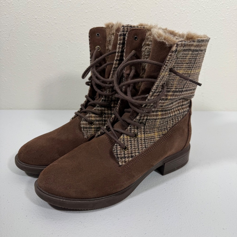 Skechers Brown Plaid Fur Lined Cottagecore Lace Up Winter Boots Womenโ Size 8